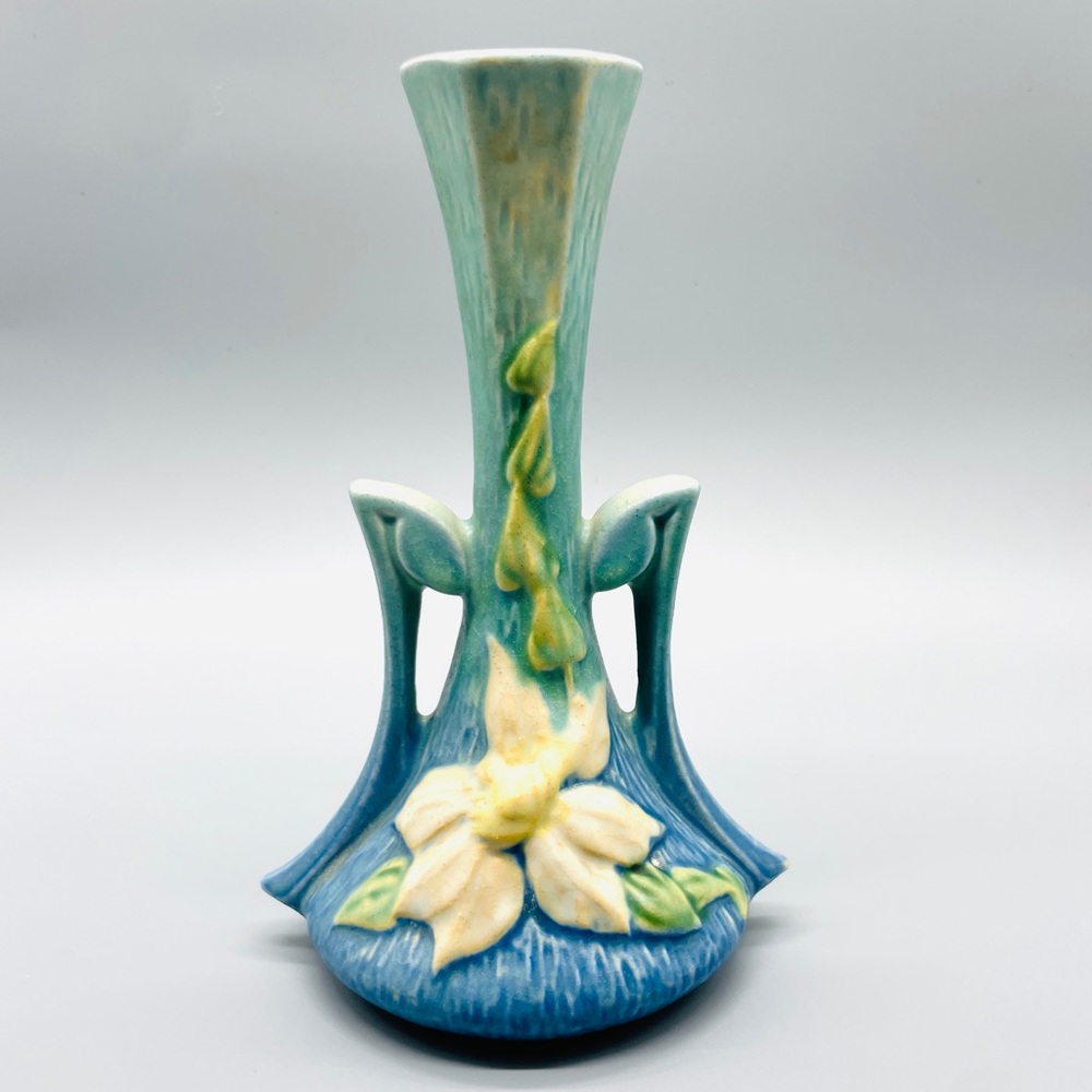 Roseville Pottery 1940s Clematis Blue Handled Vase #187-7